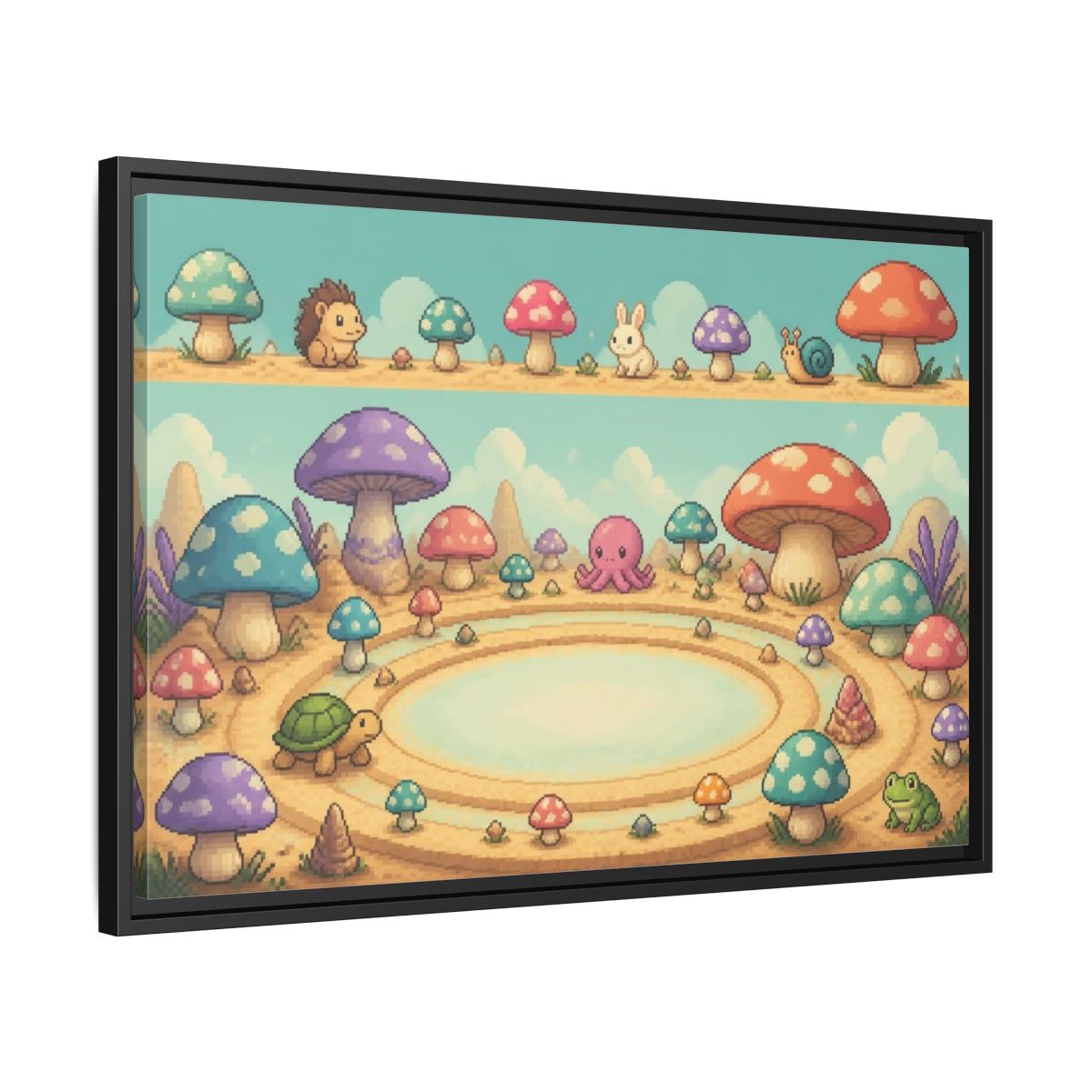 Side Mockup 14. Kids Mushroom Meadow shown as framed canvas print