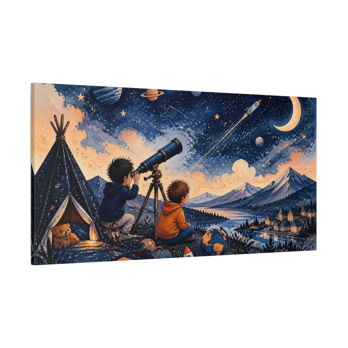 Side Mockup 2. Kids Stargazing Adventure shown as canvas print