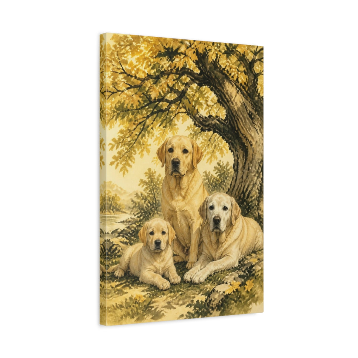 Side Mockup 3. Labrador Pets Trio shown as canvas print