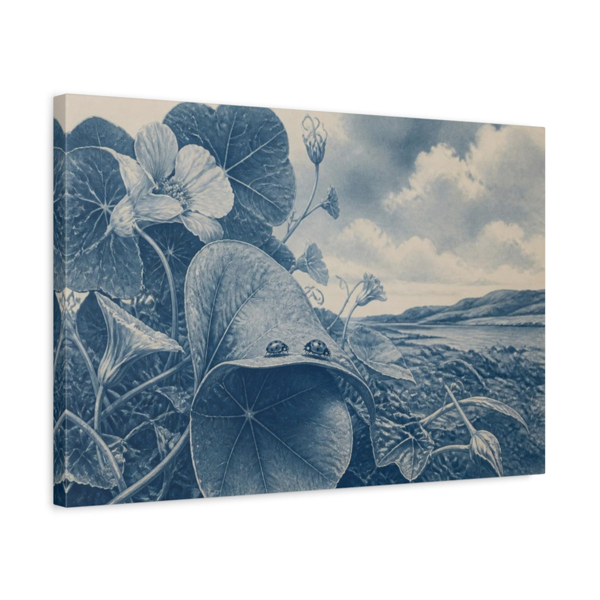 Side Mockup 3. Ladybirds On Nasturtium Leaf shown as canvas print