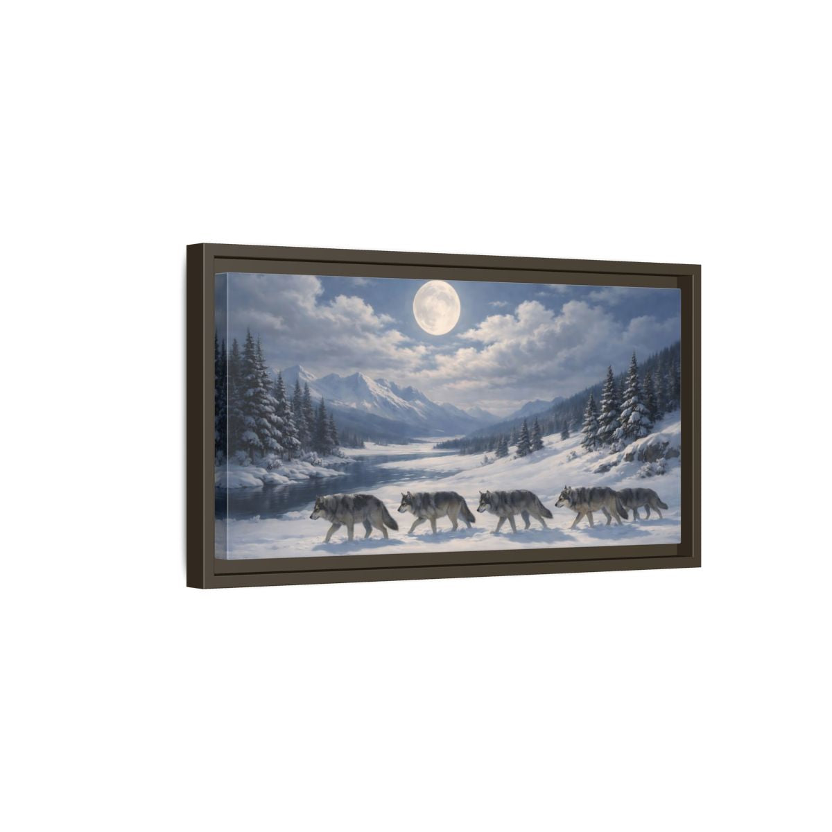 Side Mockup 7. Animals Wolf Pack Winter Wolves shown as stretched canvas wall art