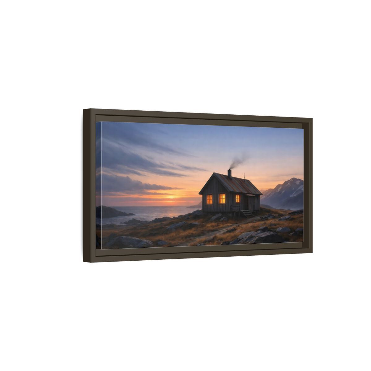 Side Mockup 7. Nature Cabin Sunset Cabin shown as stretched canvas wall art