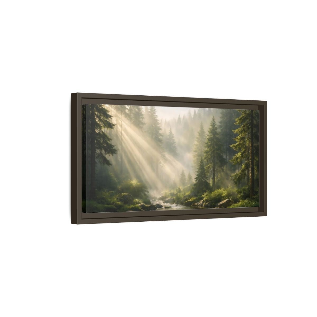 Landscape Nature Forest River Misty Green - Framed Canvas Wall Art Print - YesArtYes
