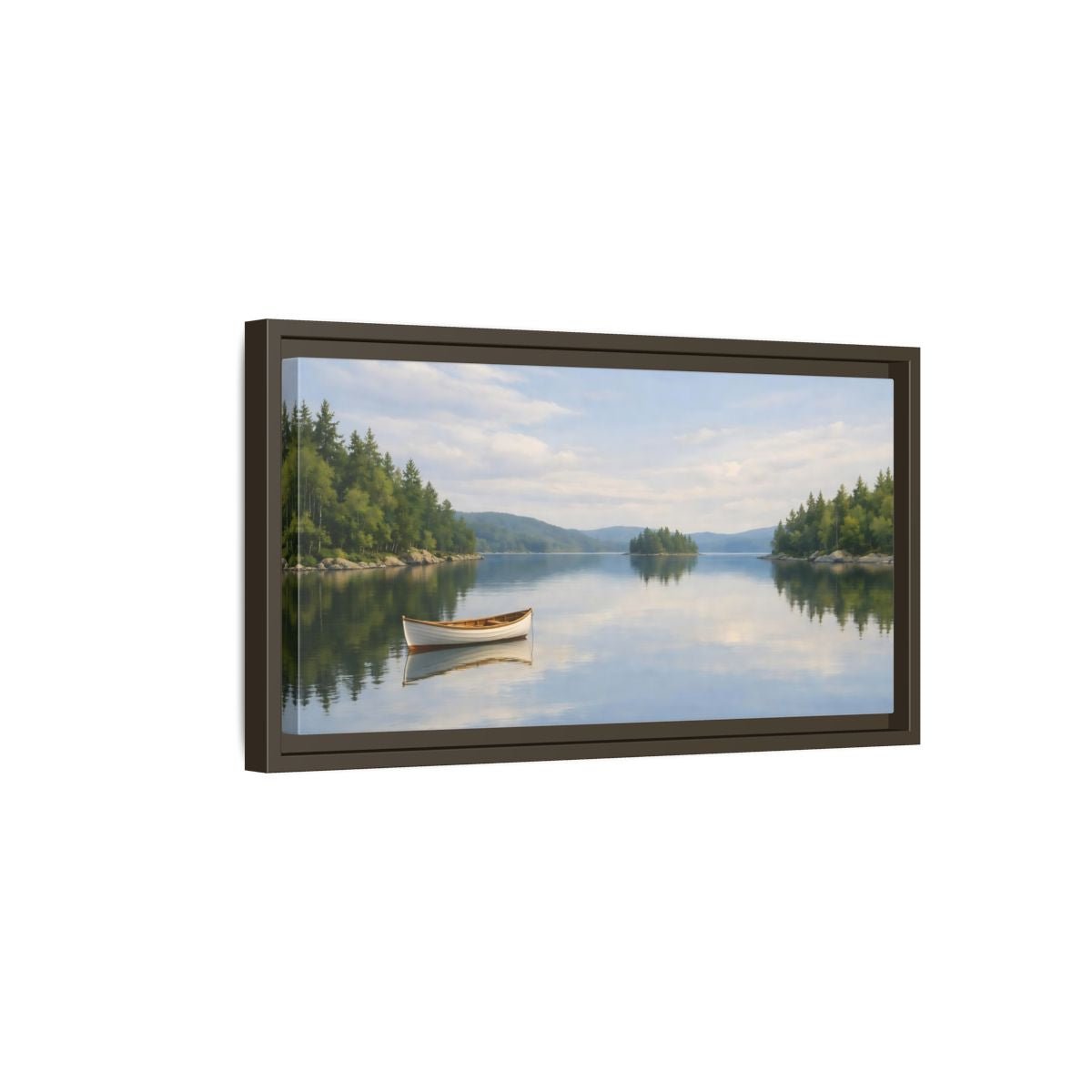 Landscape Nature Lake Boat Blue And - Framed Canvas Wall Art Print - YesArtYes