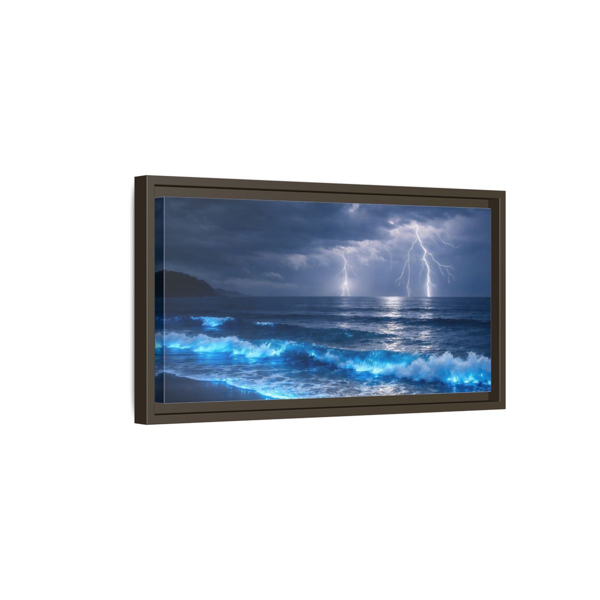 Side Mockup 7. Nature Lightning Storm Blue Ocean Storm shown as stretched canvas wall art