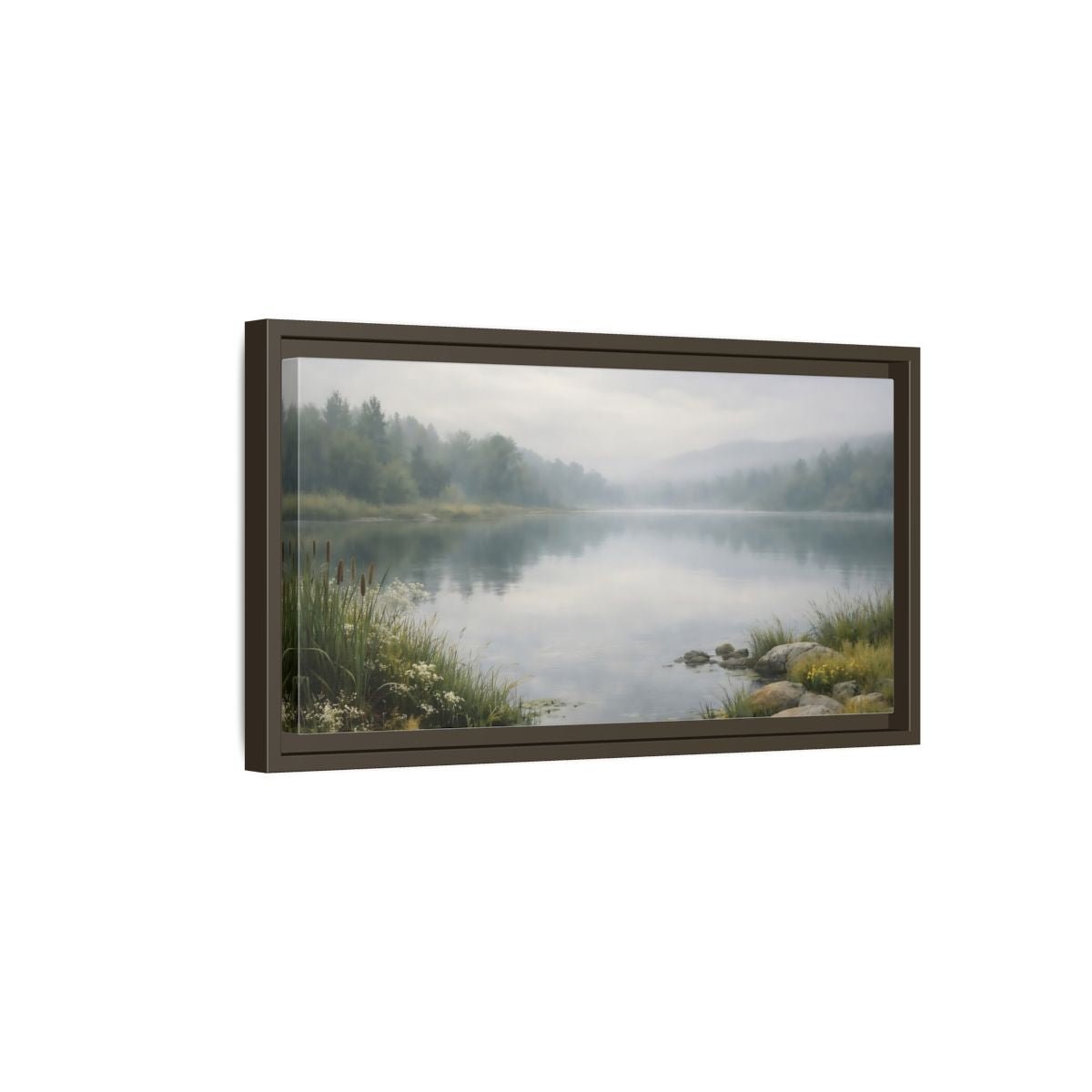 Landscape Nature Misty Lake Green - Framed Canvas Wall Art Print - YesArtYes