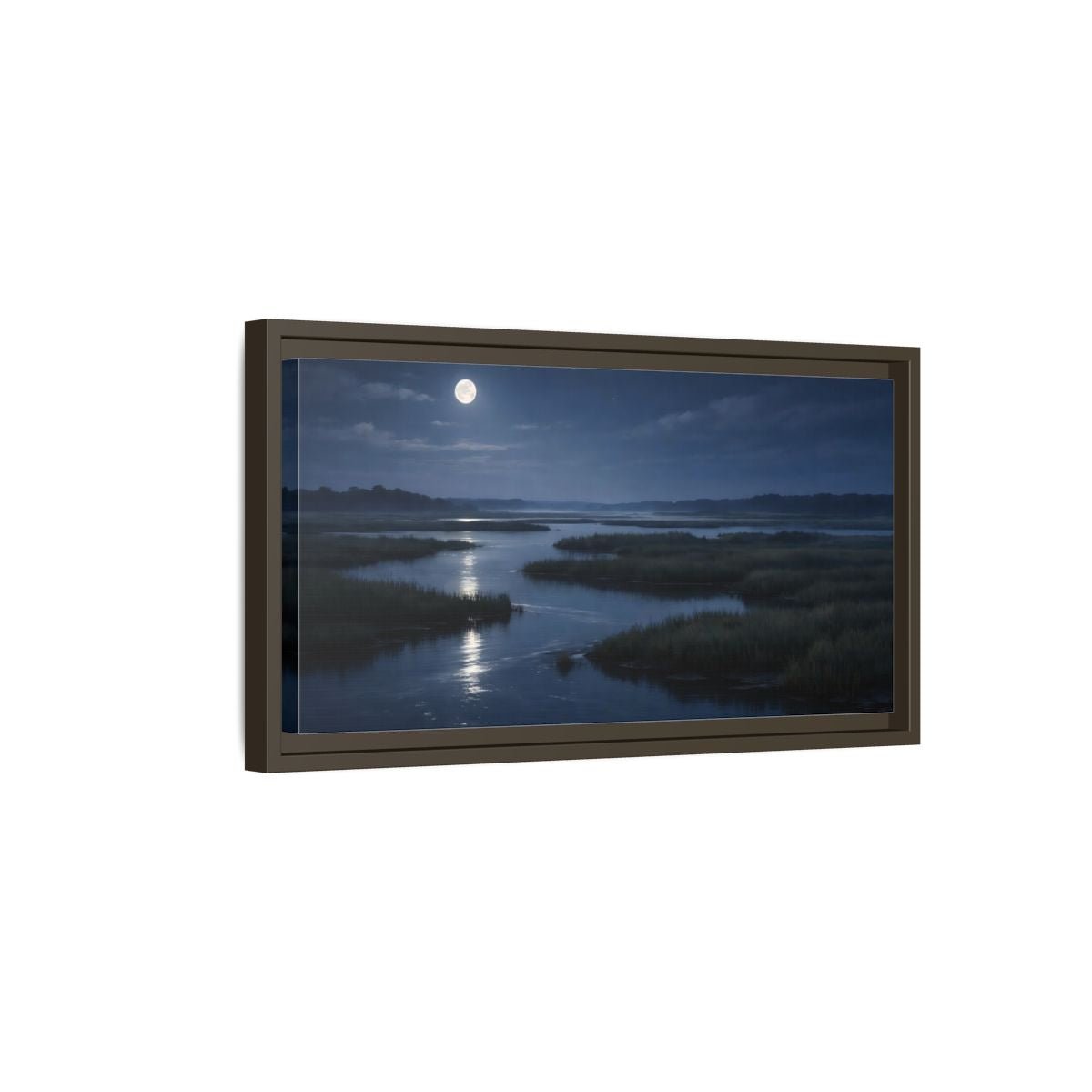 Landscape Nature Moonlit Marsh Blue Night - Framed Canvas Wall Art Print - YesArtYes