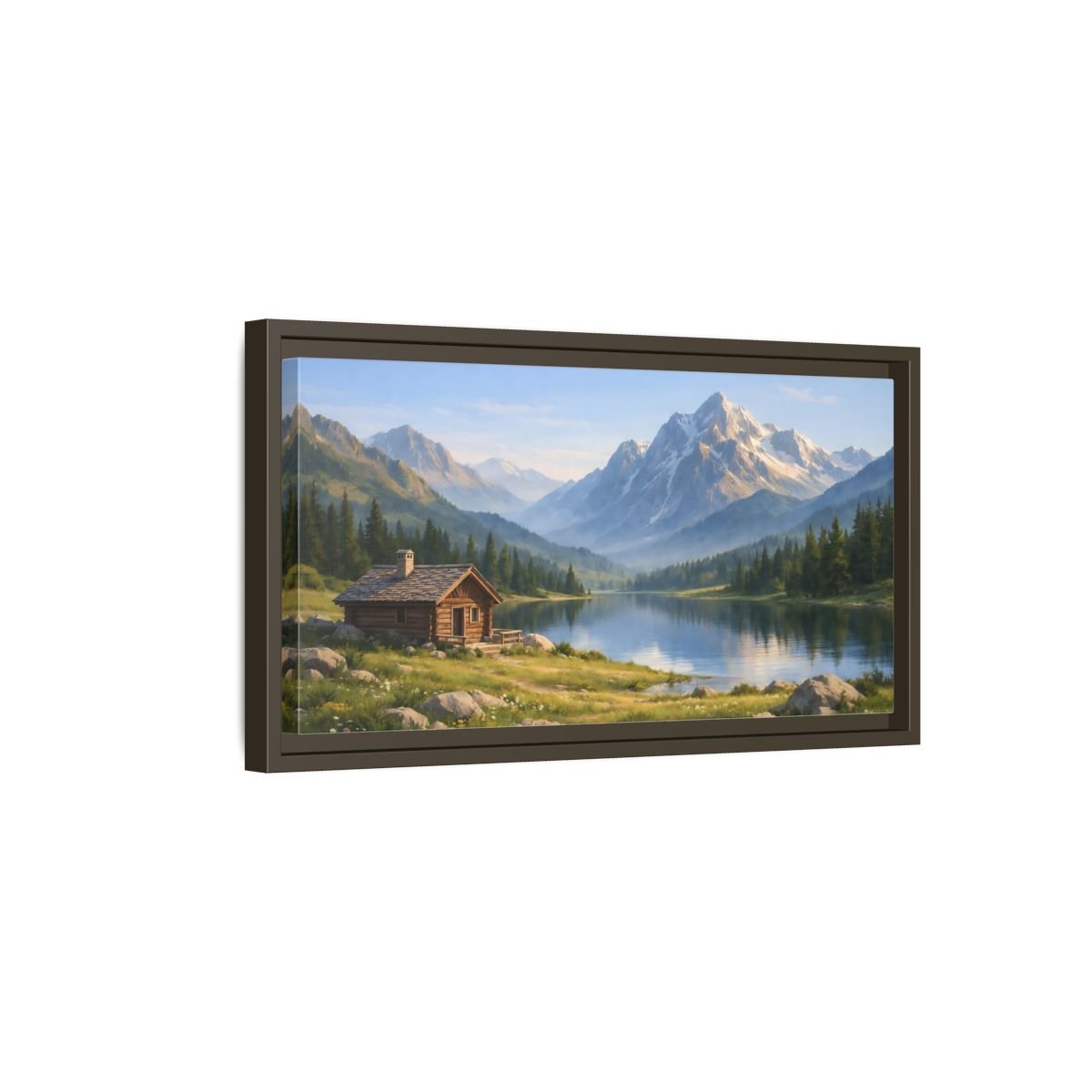 Landscape Nature Mountain Cabin Lake - Framed Canvas Wall Art Print - YesArtYes