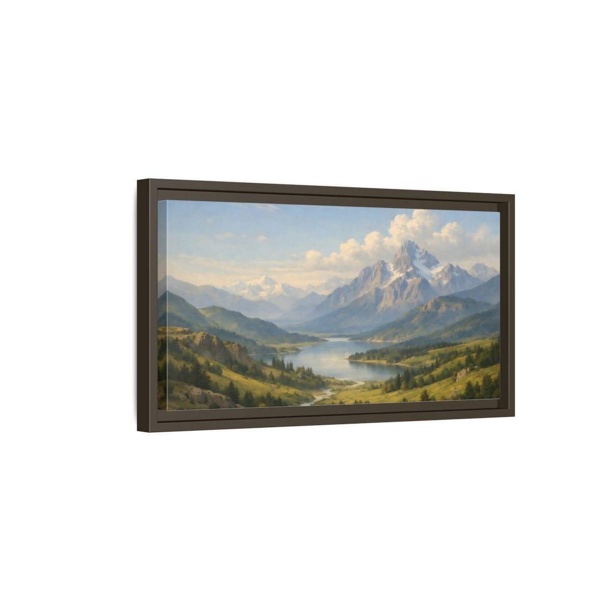 Landscape Nature Mountain Lake Green And - Framed Canvas Wall Art Print - YesArtYes
