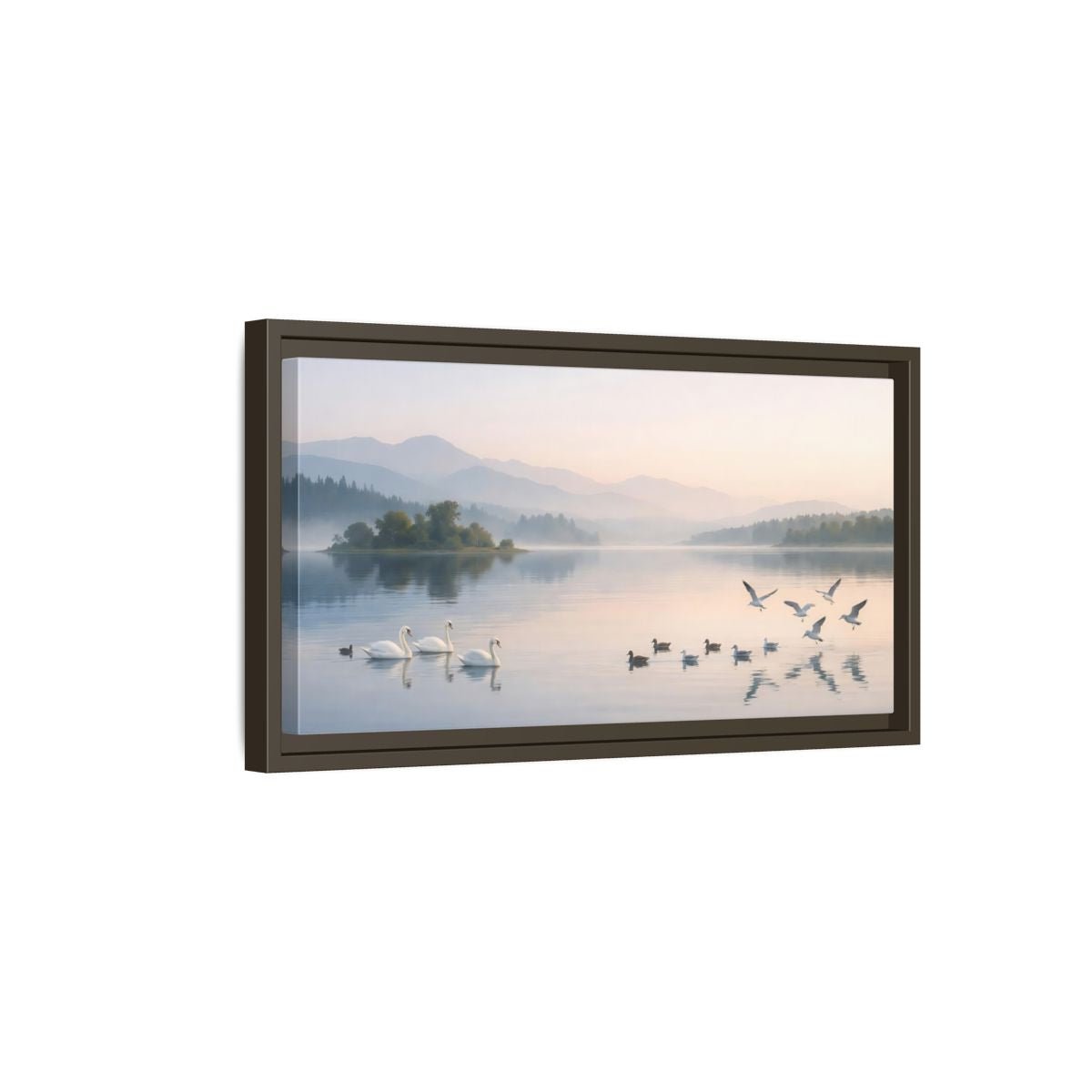 Landscape Nature Swans Lake Pastel - Framed Canvas Wall Art Print - YesArtYes