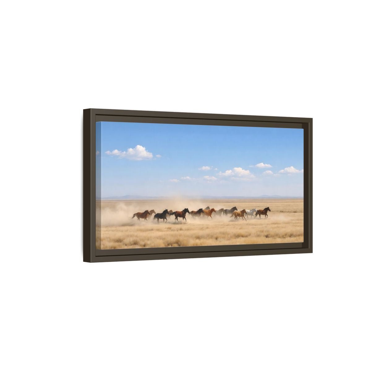 Landscape Nature Wild Horses Brown And - Framed Canvas Wall Art Print - YesArtYes