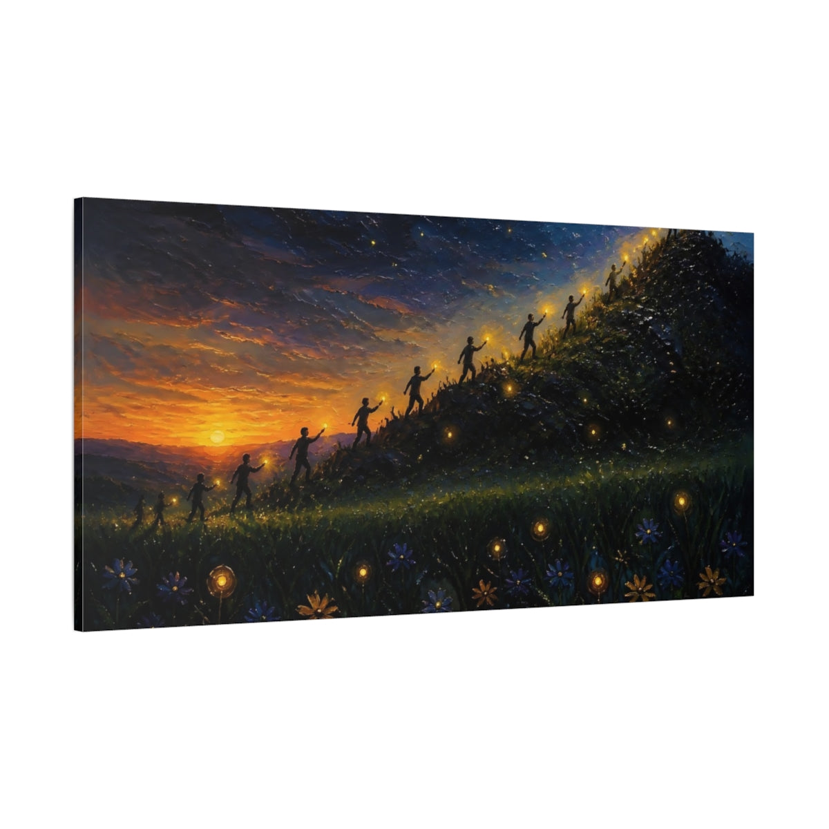 Side Mockup 2. Lantern Walkers At Sunset shown as canvas print