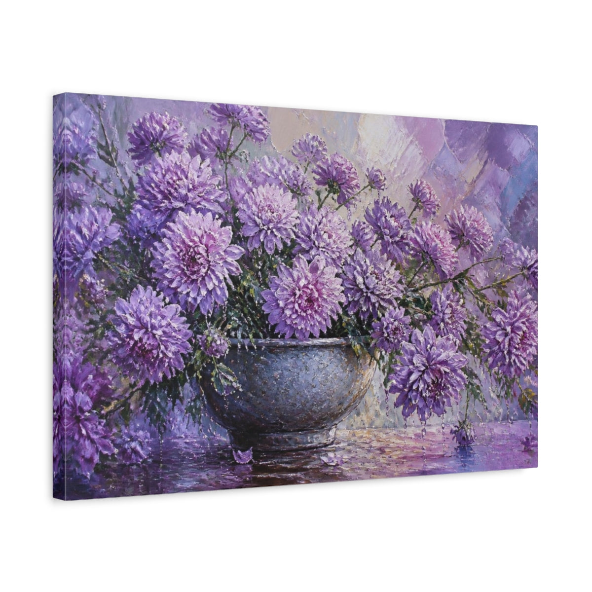 Side Mockup 3. Lavender Chrysanthemum Flowers shown as canvas print