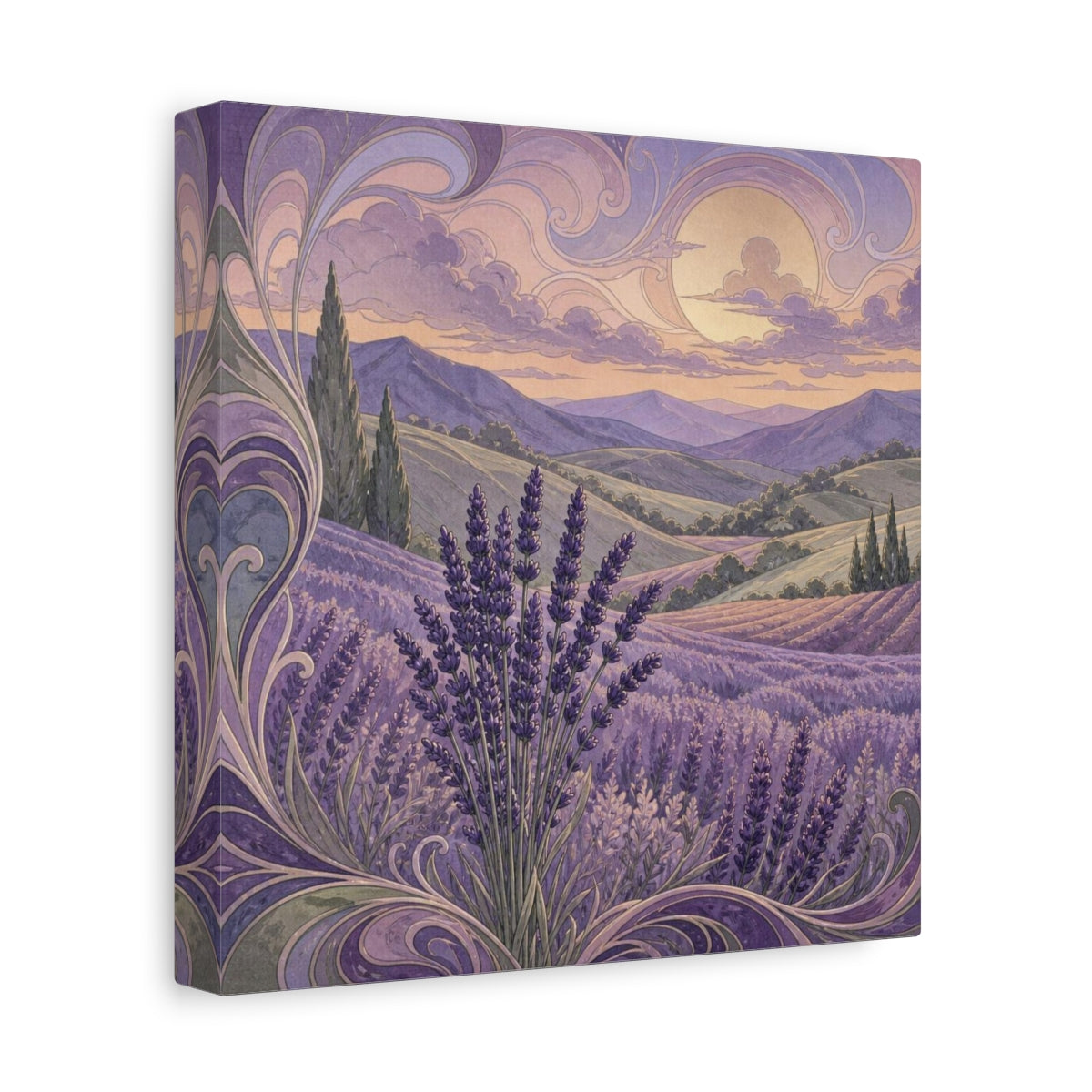Side Mockup 9. Lavender Hills At Dusk shown as canvas print