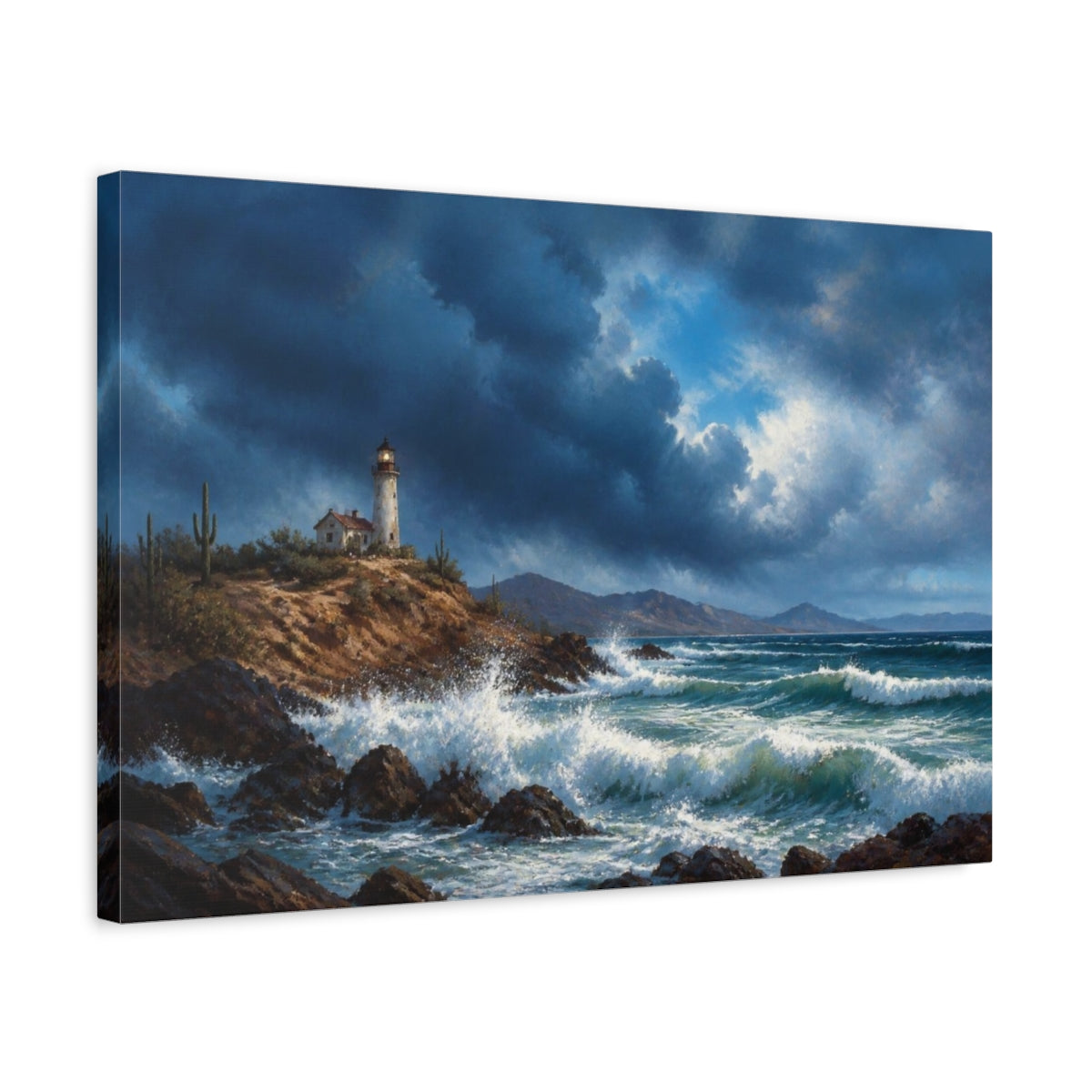 Side Mockup 3. Lighthouse Beyond The Storm shown as canvas print