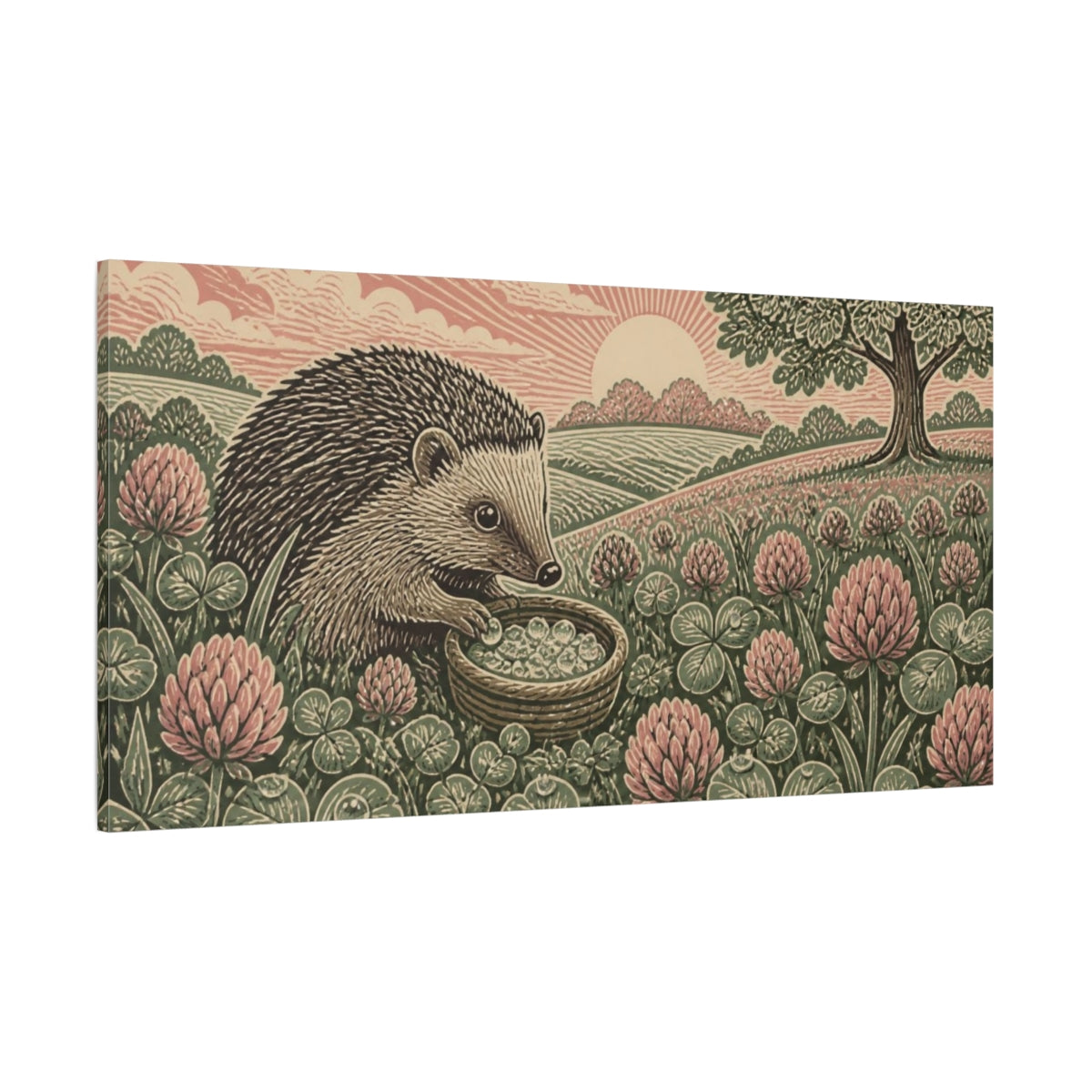 Side Mockup 2. Linocut Hedgehog In Clover shown as canvas print