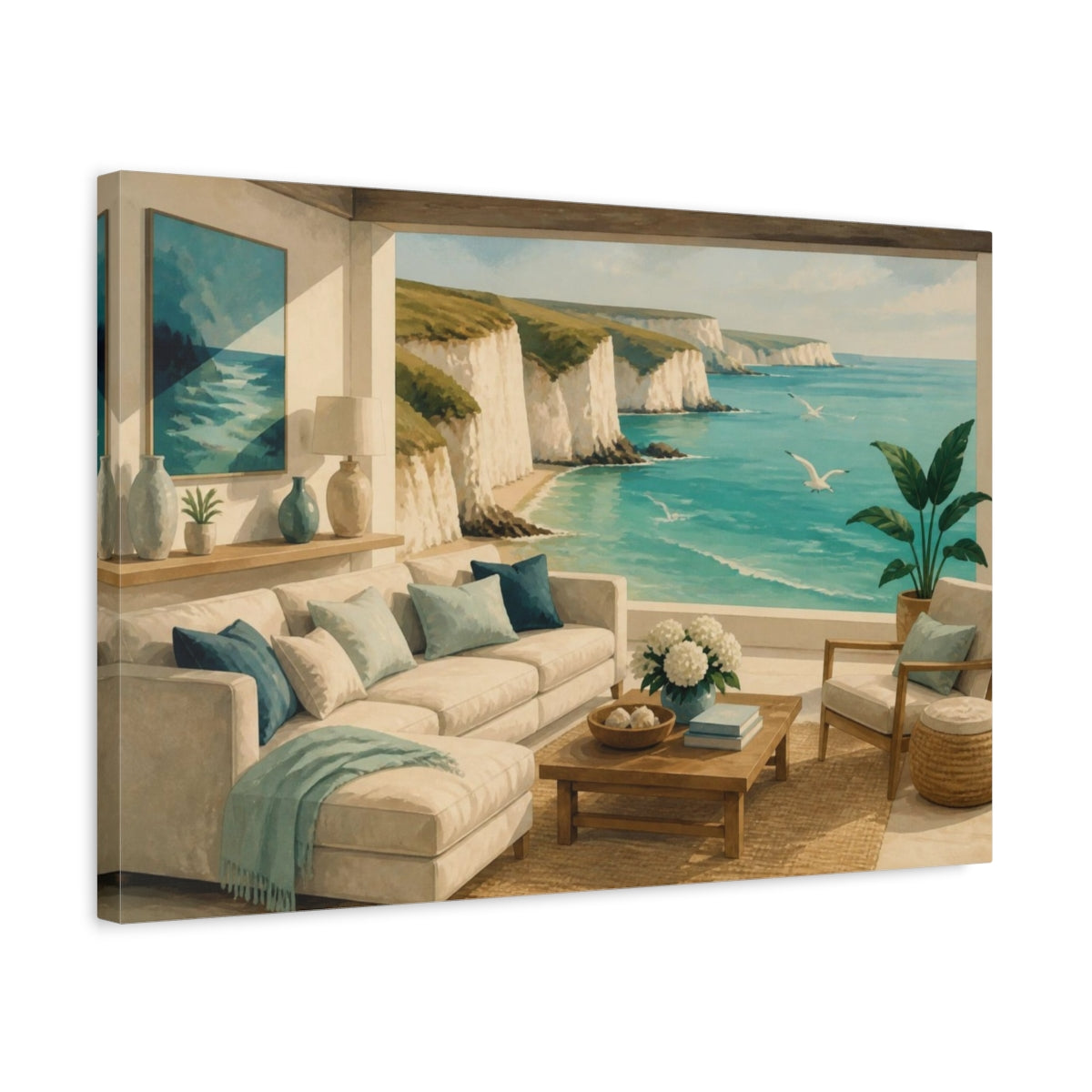 Side Mockup 3. Living Room Coastal Cliff View shown as canvas print