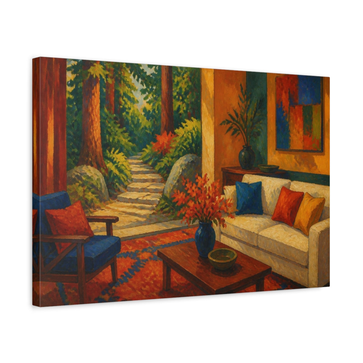 Side Mockup 3. Living Room Forest Path shown as canvas print