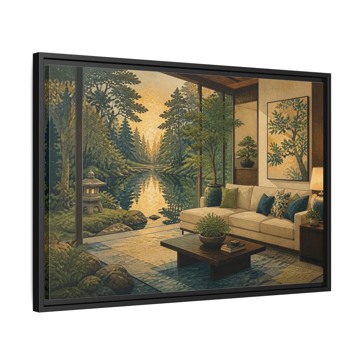 Living Room Forest Pond Retreat Framed Canvas Print – Above Console Table, Moss Green, Ink Blue, Warm Gold - YesArtYes