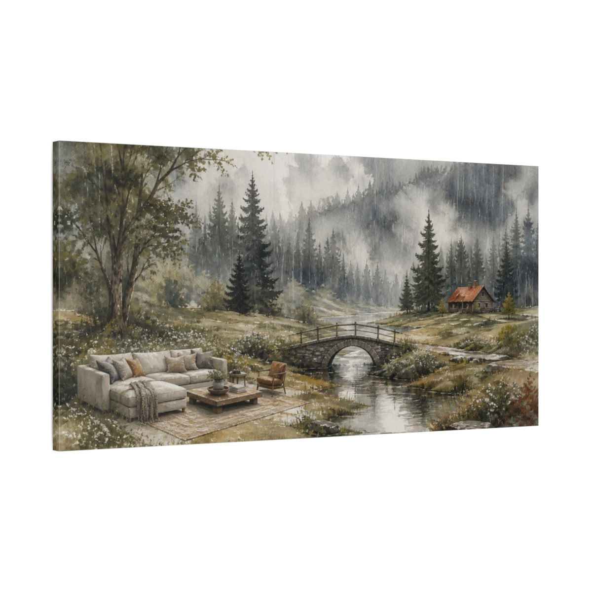 Side Mockup 2. Living Room Forest Retreat shown as canvas print
