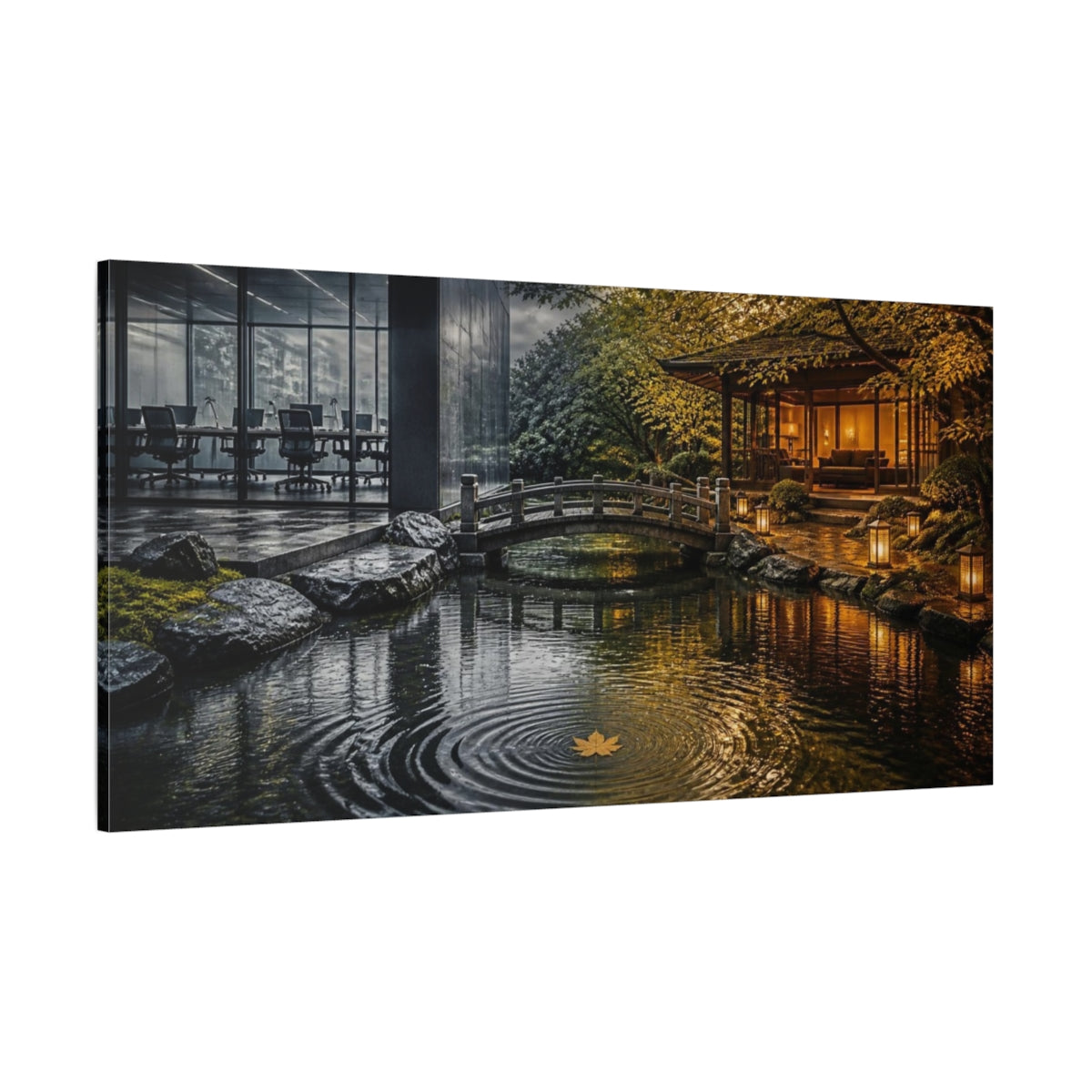 Side Mockup 2. Living Room Golden Leaf shown as canvas print