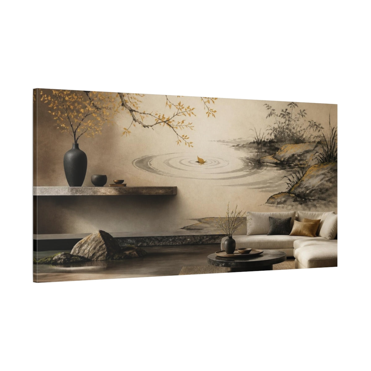 Side Mockup 2. Living Room Leaf Ripples shown as canvas print