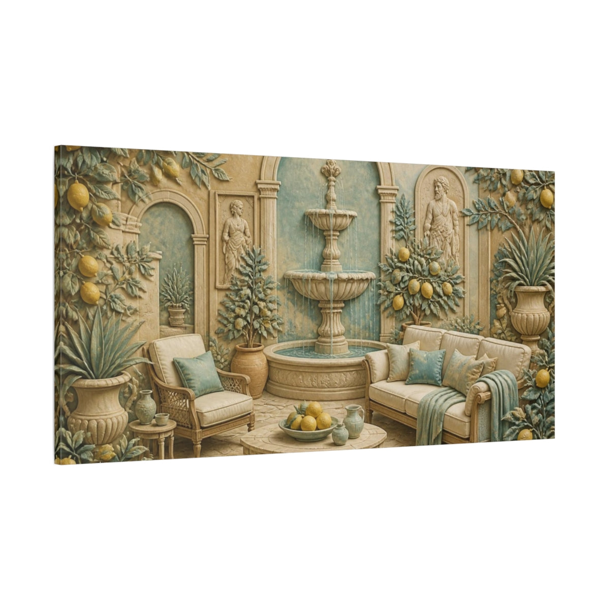 Side Mockup 2. Living Room Lemon Fountain shown as canvas print