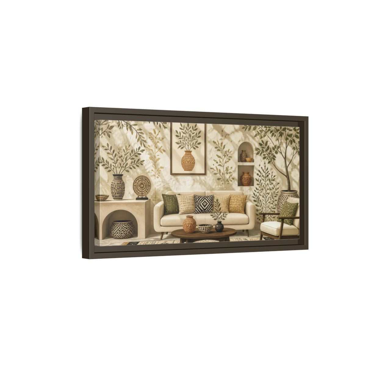 Side Mockup 7. Living Room Olive Vase shown as framed canvas print