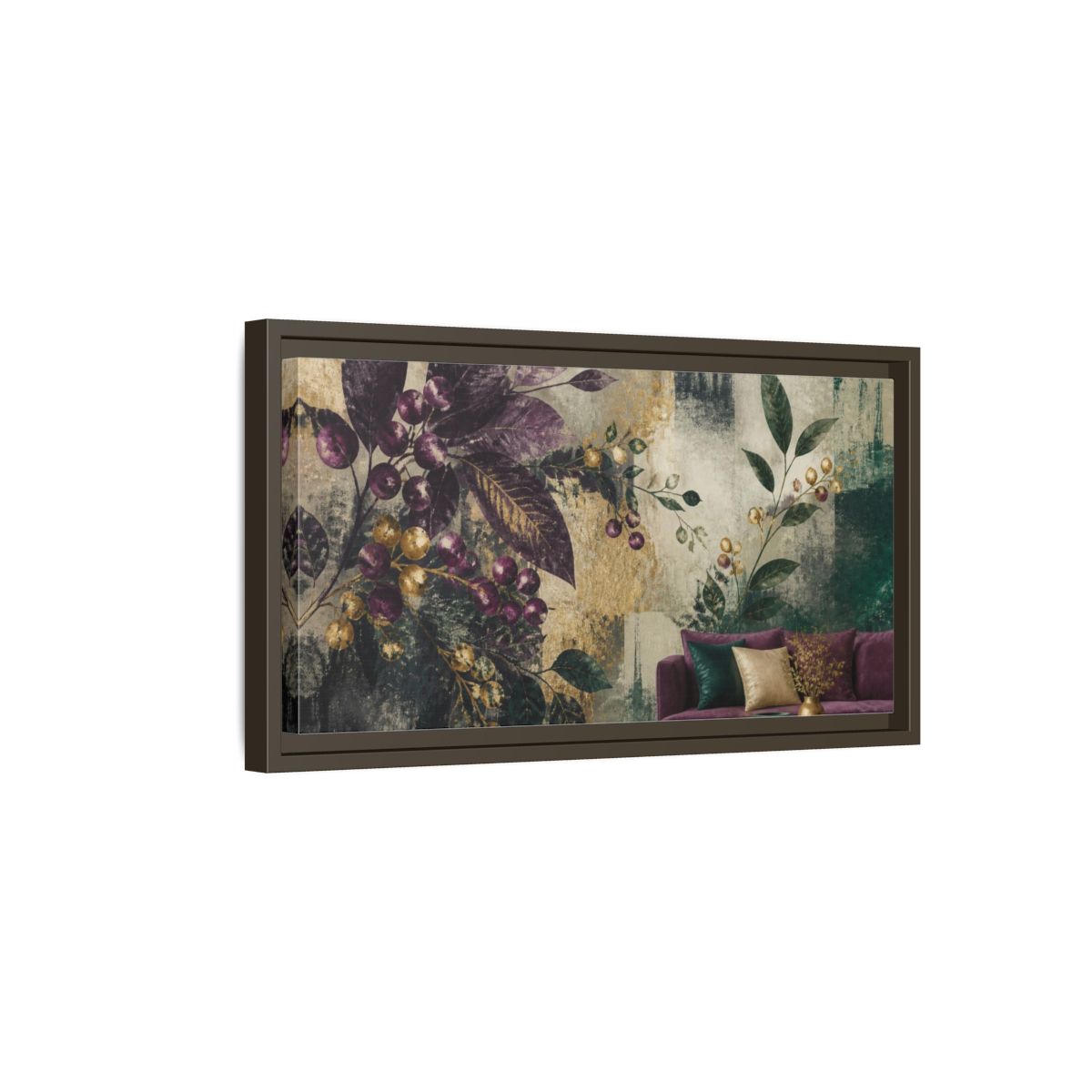 Side Mockup 7. Living Room Plum Berries shown as framed canvas print