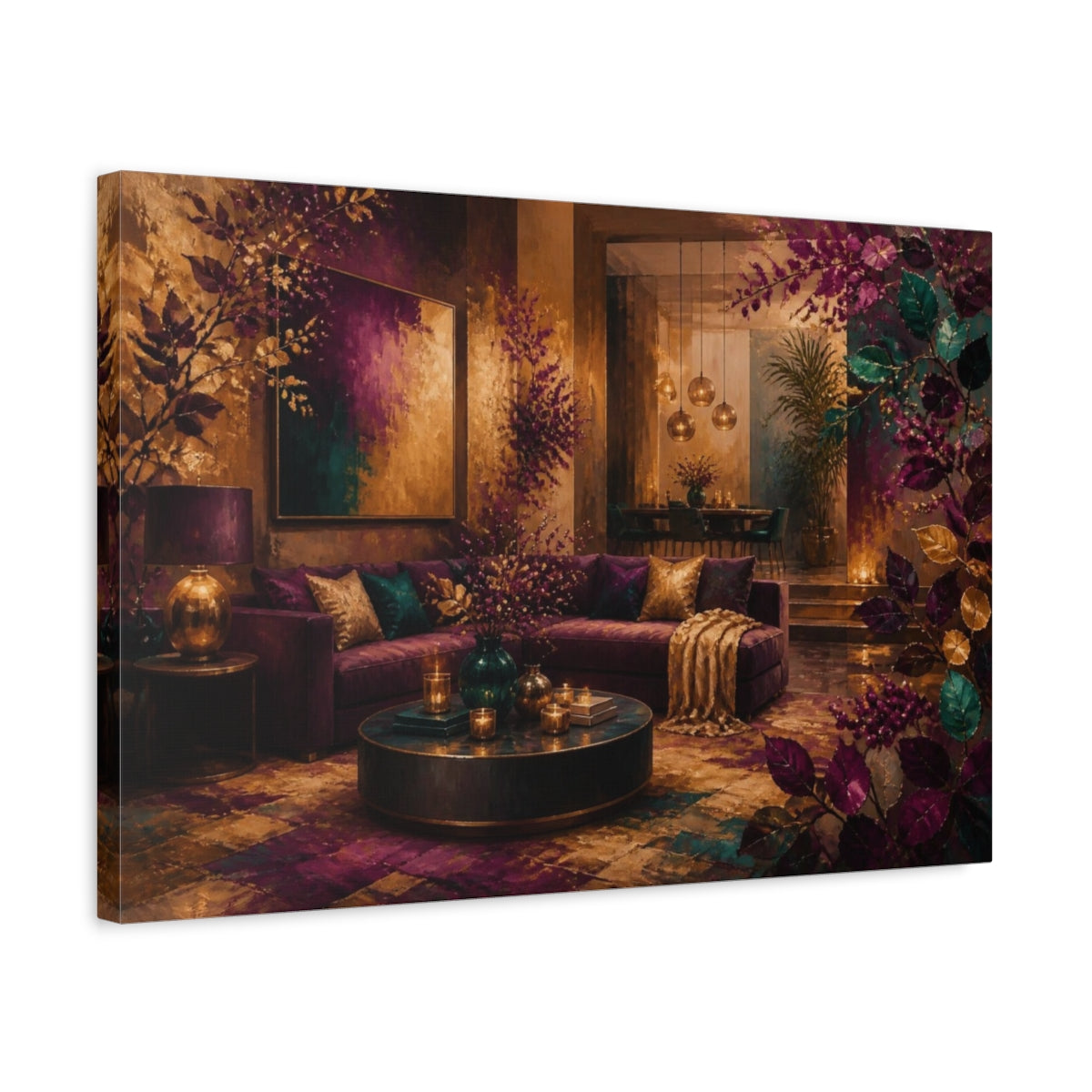 Side Mockup 3. Living Room Plum Sofa shown as canvas print
