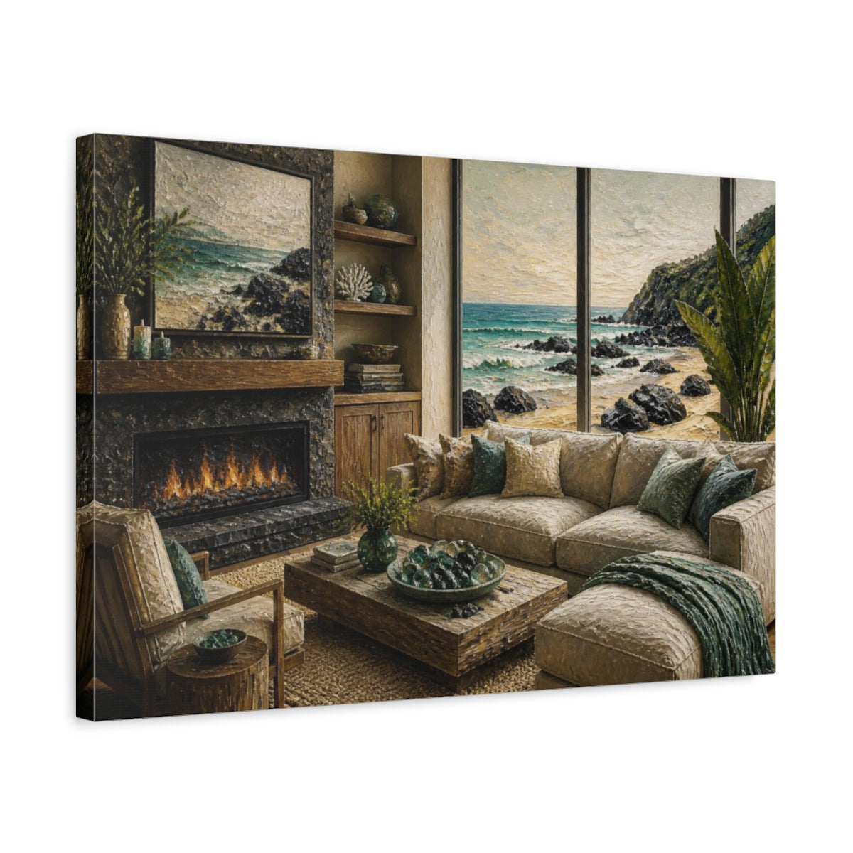 Side Mockup 3. Living Room Seascape View shown as canvas print