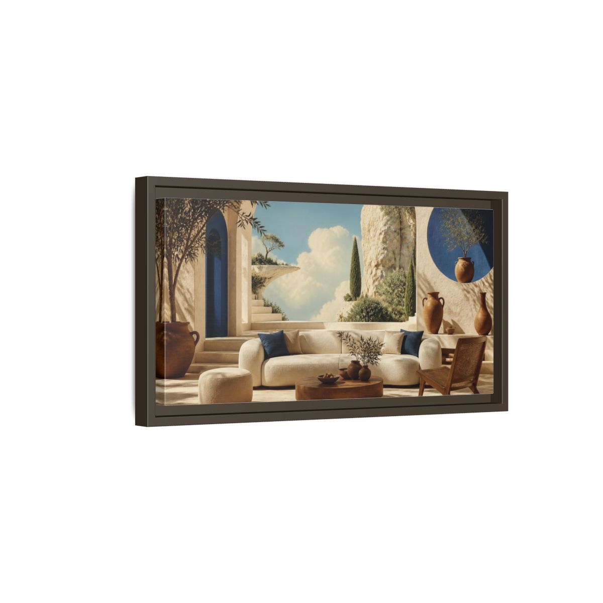 Side Mockup 7. Living Room Sunlit Courtyard shown as framed canvas print