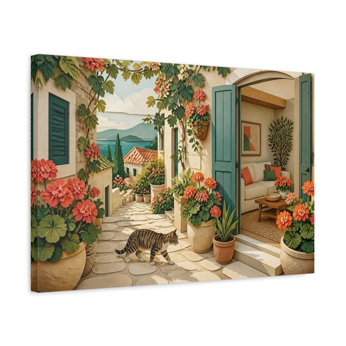 Side Mockup 3. Living Room Tabby Stroll shown as canvas print