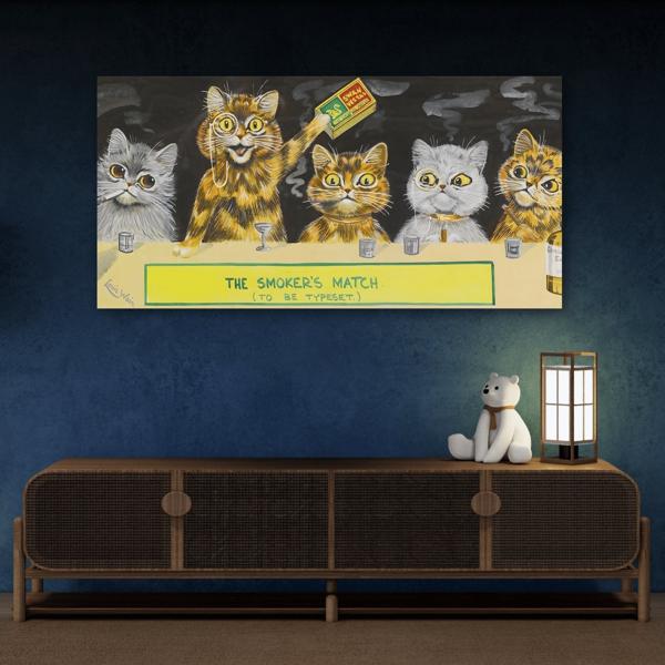 Louis Wain Smokers Match Canvas Print - Funny Cats Wall Art - YesArtYes