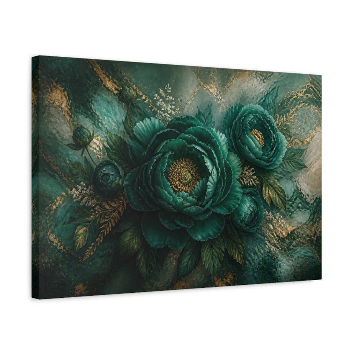 Side Mockup 3. Luxe Emerald Bloom shown as canvas print