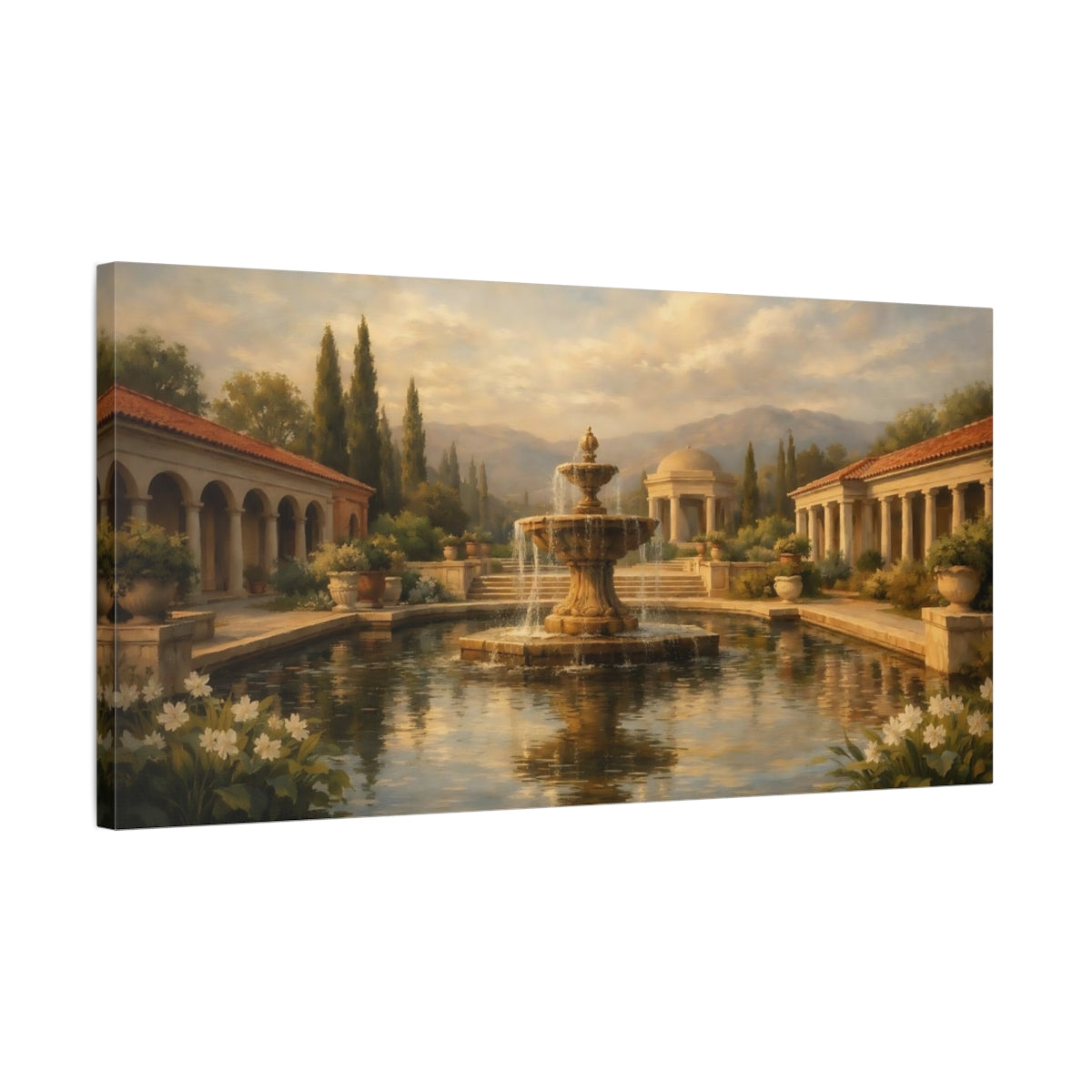 Side Mockup 2. Nature Fountain Garden Classical Garden shown as stretched canvas wall art