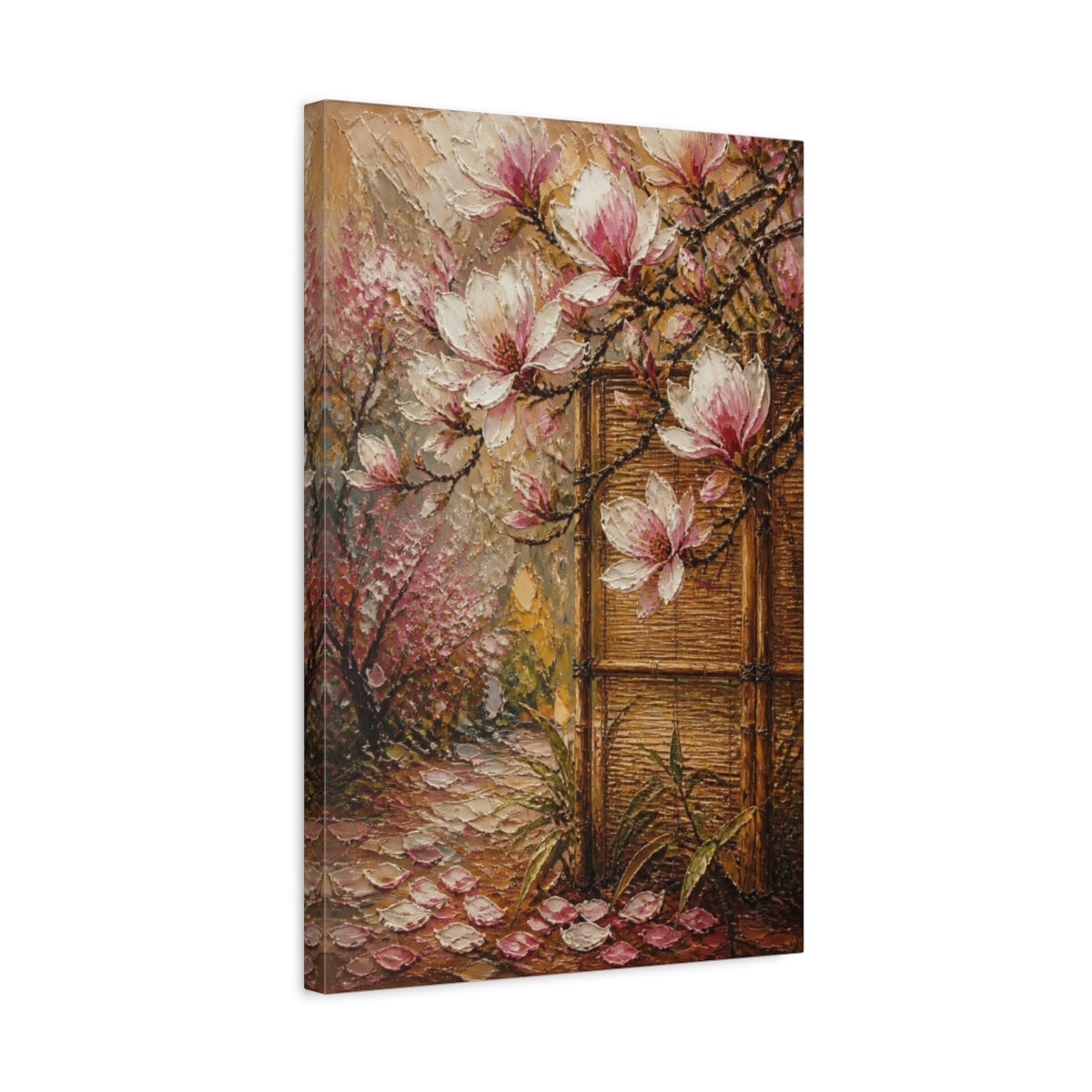 Side Mockup 3. Magnolia Flowers And Bamboo shown as canvas print