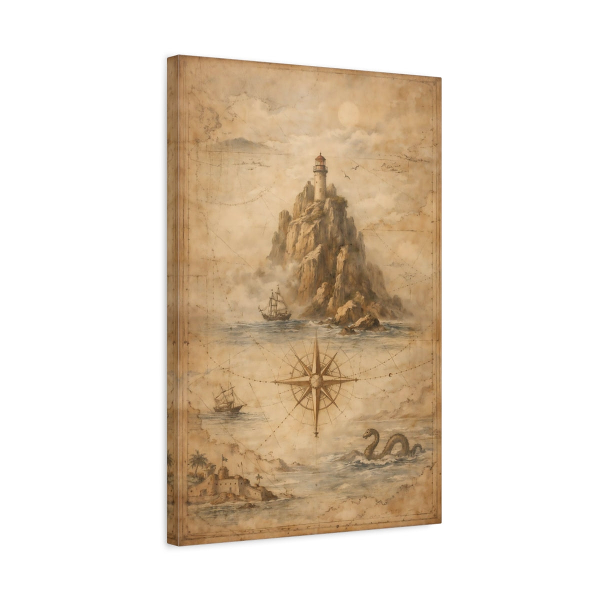 Side Mockup 3. Maps Lighthouse Brown Nautical Map shown as stretched canvas wall art