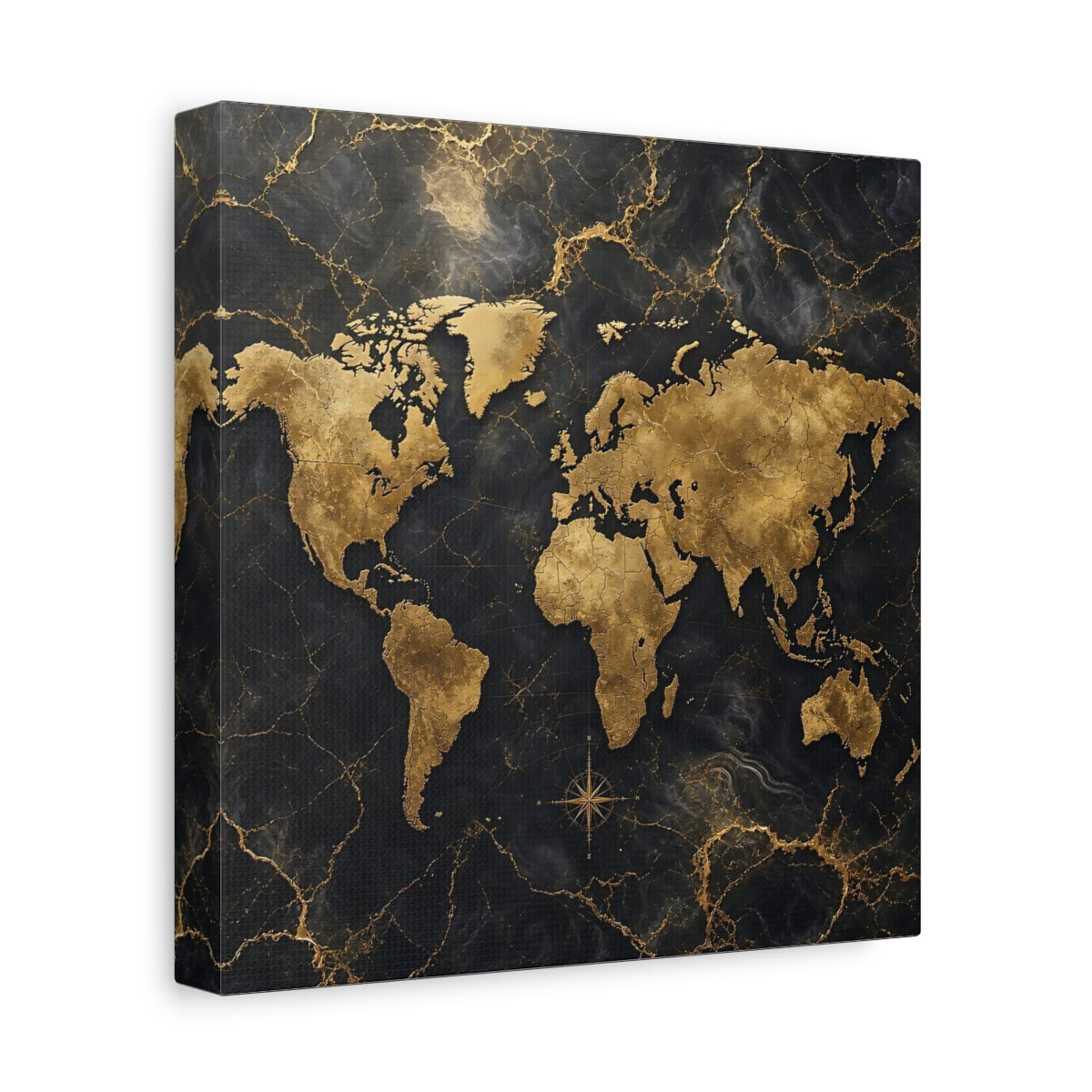 Side Mockup 9. Maps World Map Black And Gold shown as stretched canvas wall art