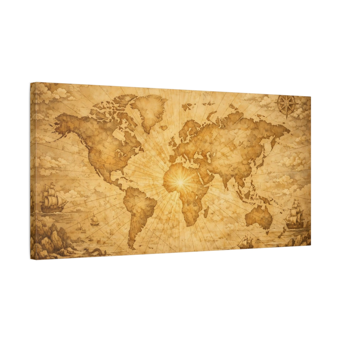 Side Mockup 2. Maps World Map Brown And Gold shown as stretched canvas wall art