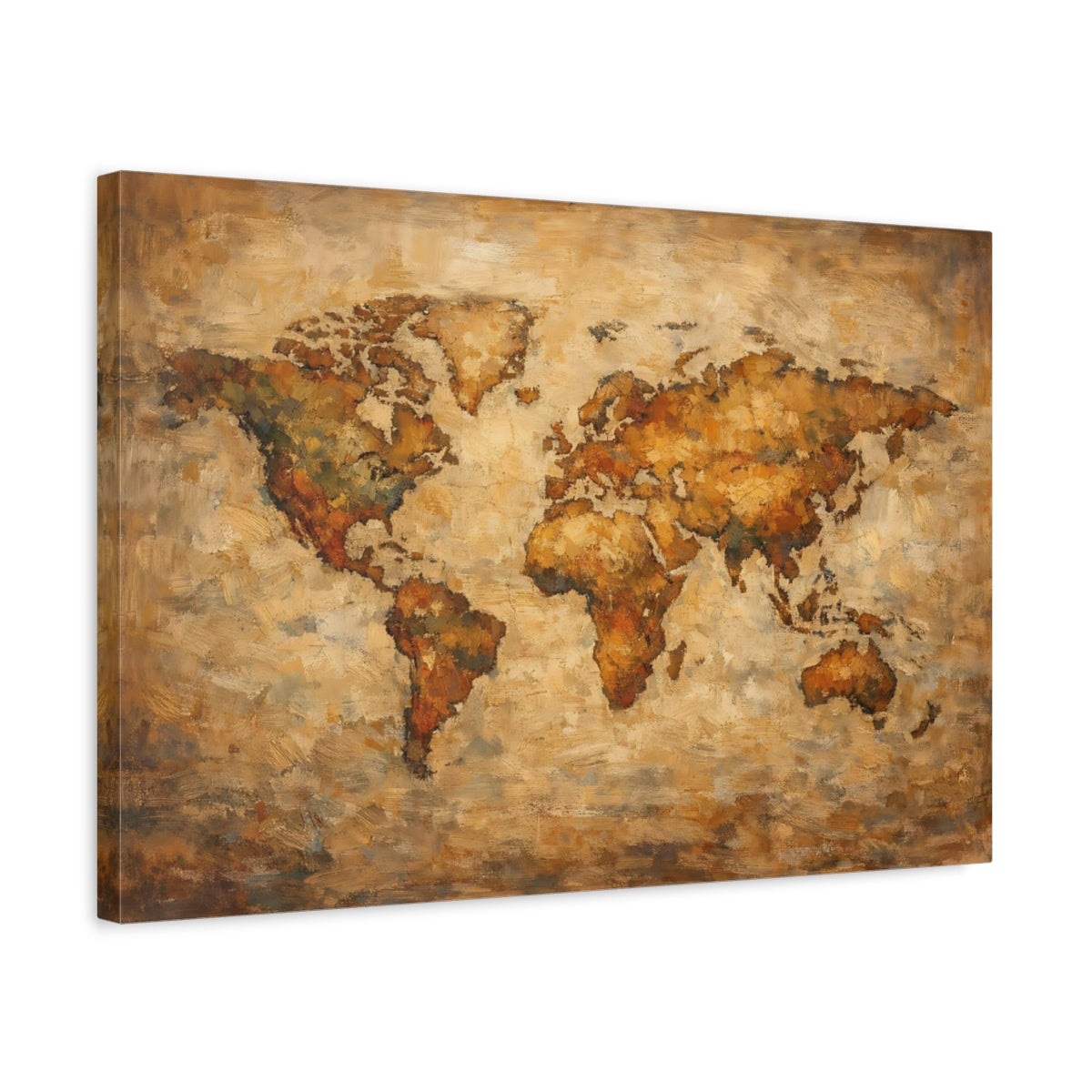 Side Mockup 3. Maps World Map Brown And Gold shown as stretched canvas wall art