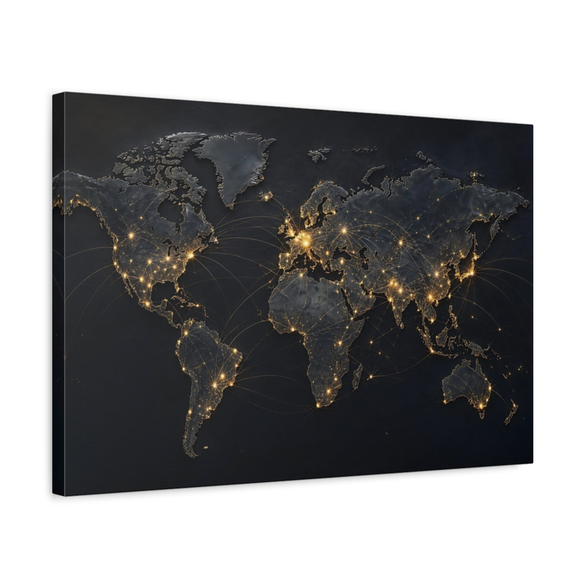 Side Mockup 3. Maps World Map Dark And Gold shown as stretched canvas wall art