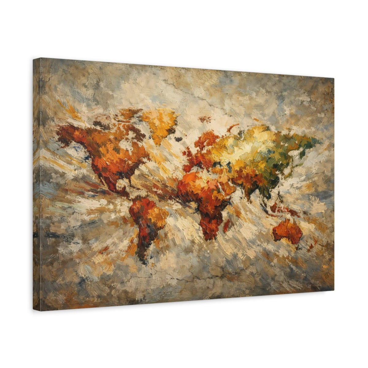 Side Mockup 3. Maps World Map Earthy World Map shown as stretched canvas wall art