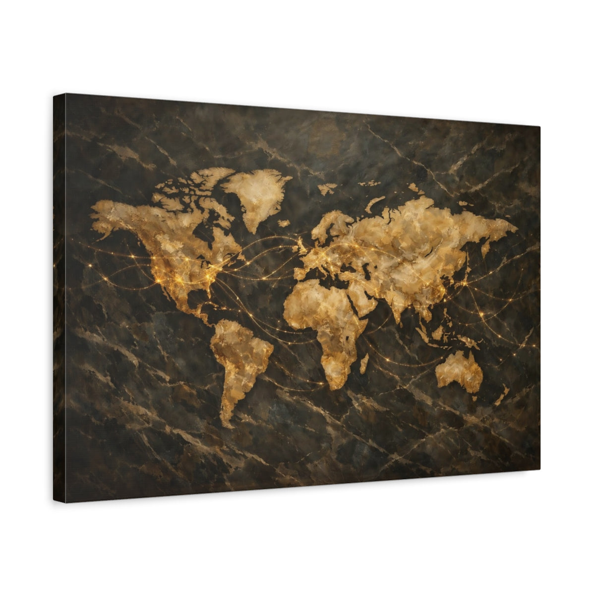 Side Mockup 3. Maps World Map Gold And Black Map shown as stretched canvas wall art