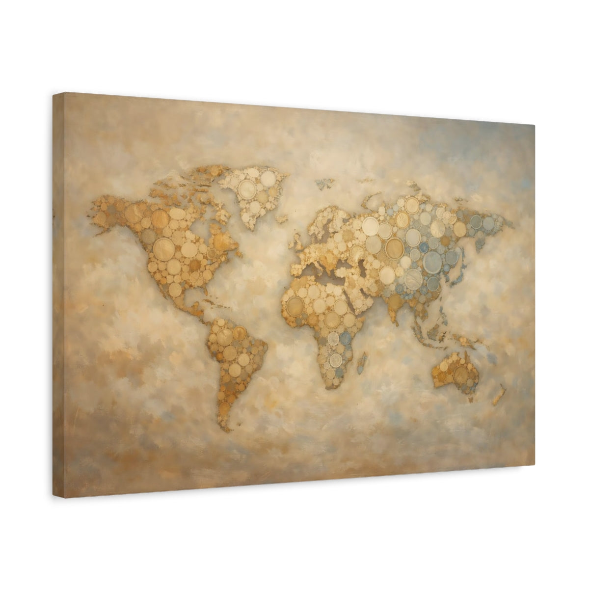Side Mockup 3. Maps World Map Gold And Blue shown as stretched canvas wall art