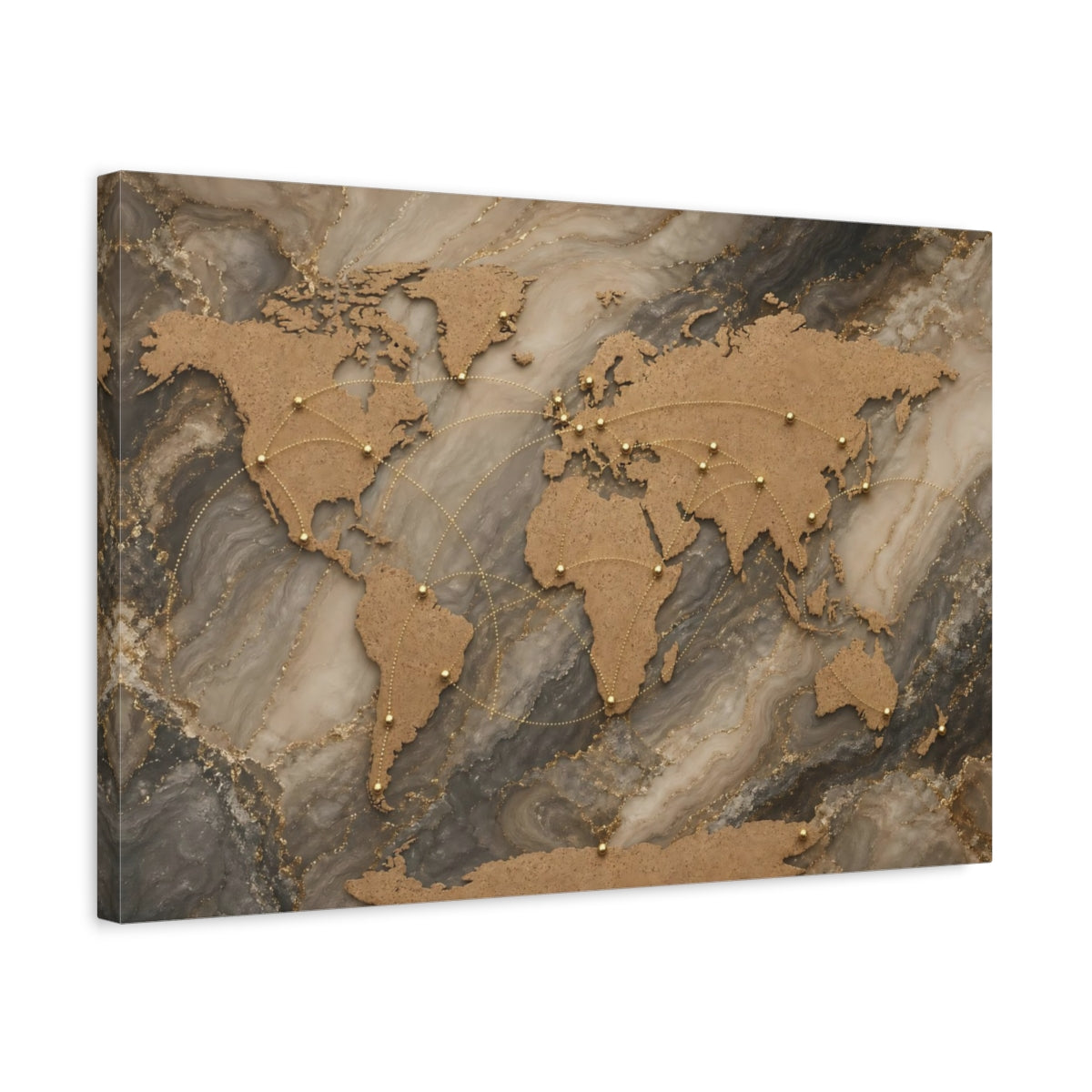 Side Mockup 3. Maps World Map Gold Marble World shown as stretched canvas wall art