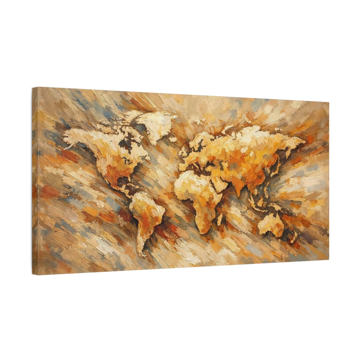 Side Mockup 2. Maps World Map Golden World Map shown as stretched canvas wall art