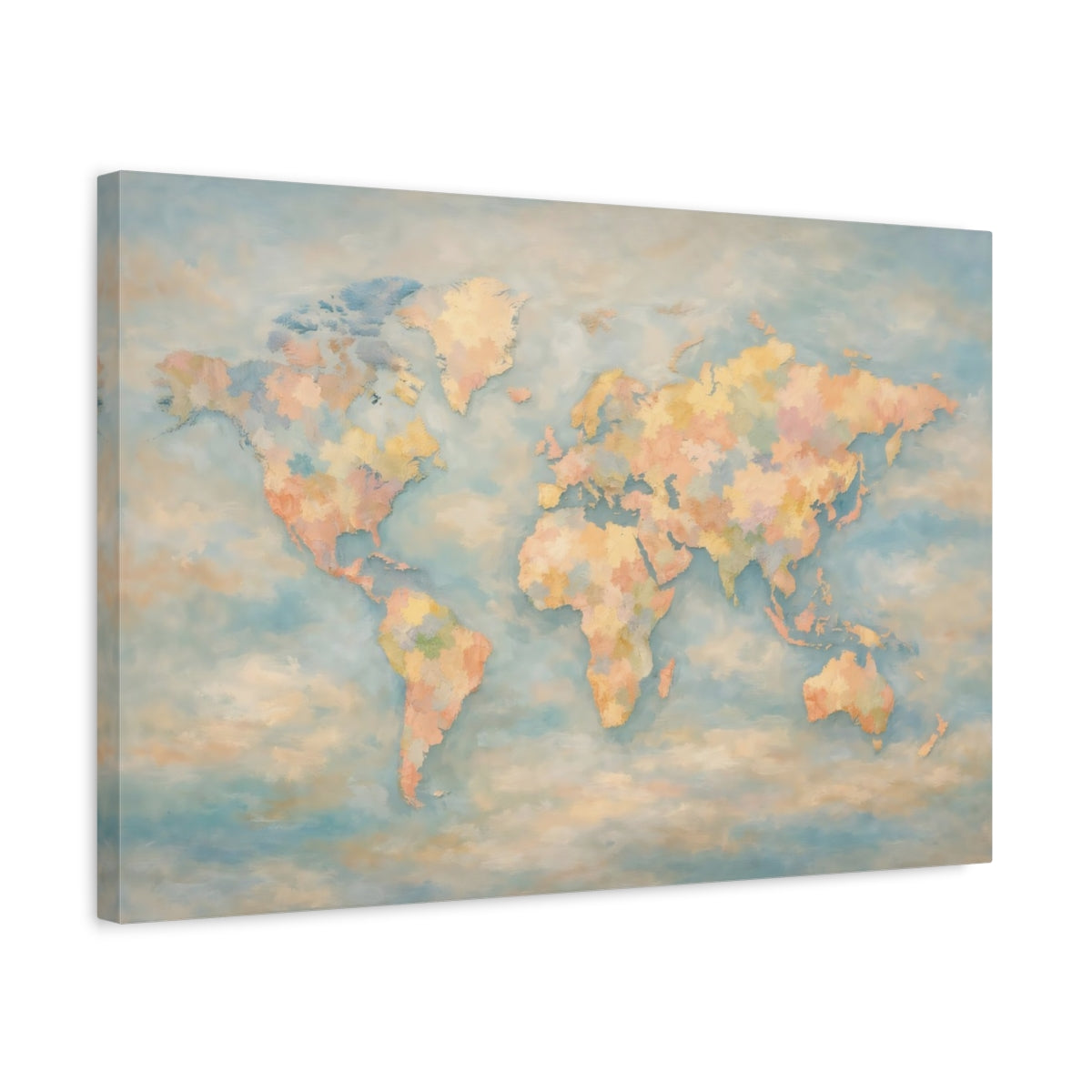 Side Mockup 3. Maps World Map Pastel World Map shown as stretched canvas wall art