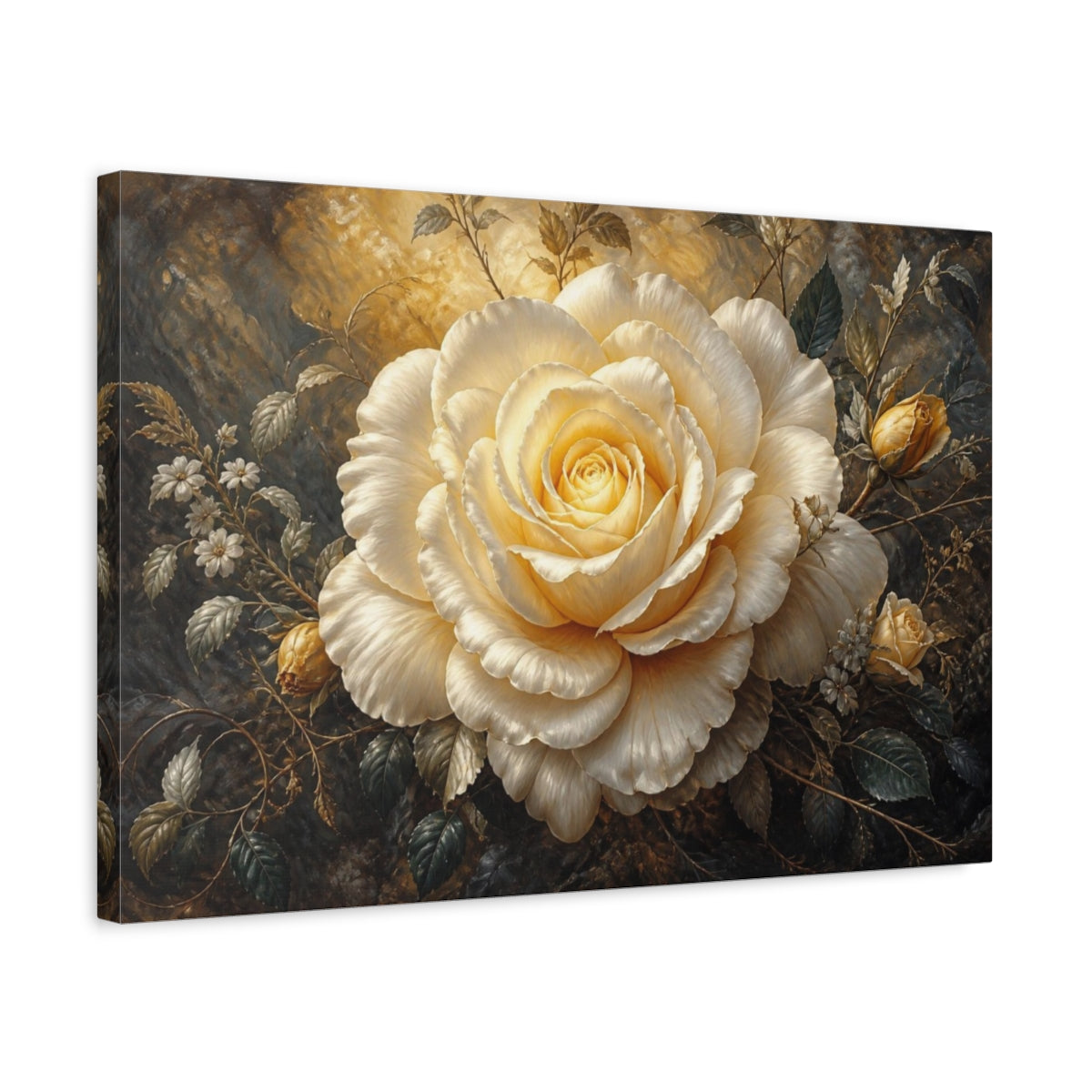 Side Mockup 3. Massive Ivory Rose shown as canvas print
