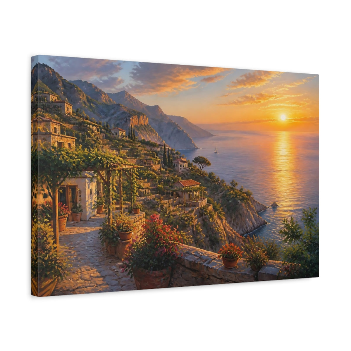 Side Mockup 3. Mediterranean Sunset Terraces shown as canvas print